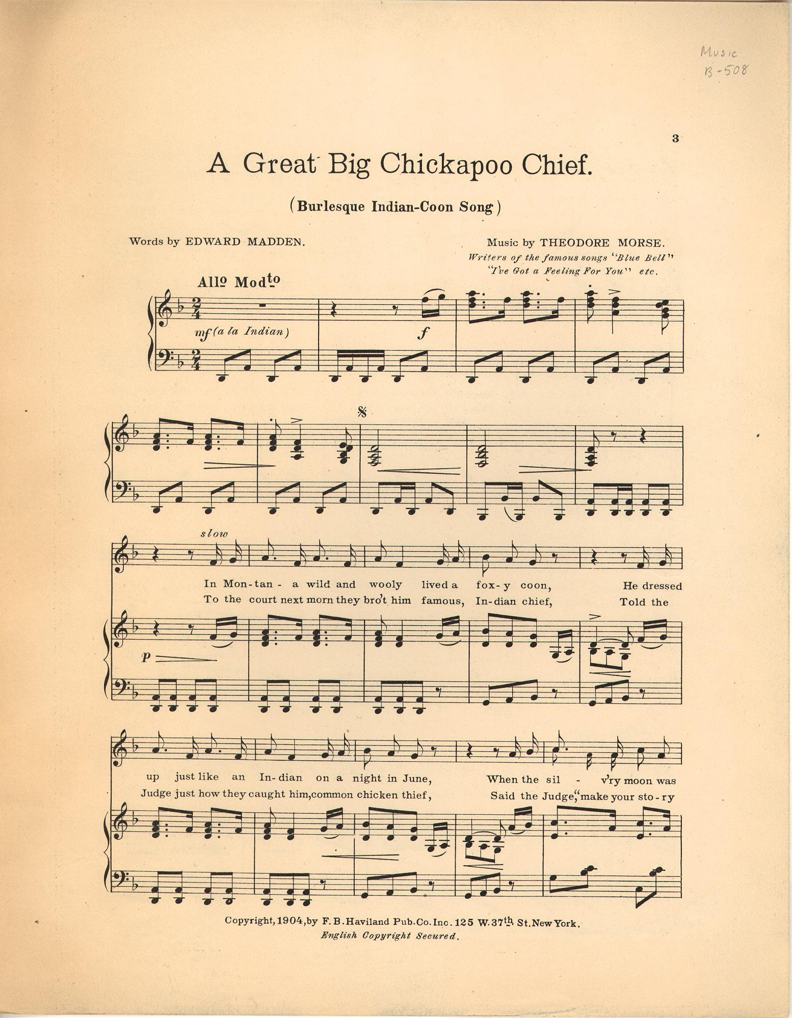 150dpi JPEG image of: Great big Chickapoo chief; Burlesque Indian-coon song