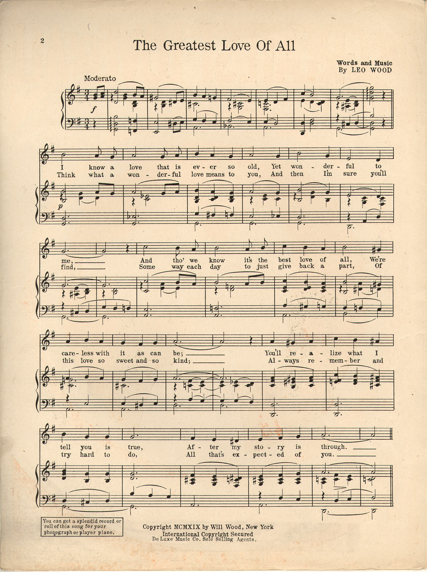 Greatest Love Of All Historic American Sheet Music 