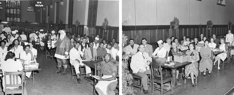 Two photos show segregated Black and white Duke Dining workers sitting in the West Campus Union's Great Hall during a 1946 holiday party.