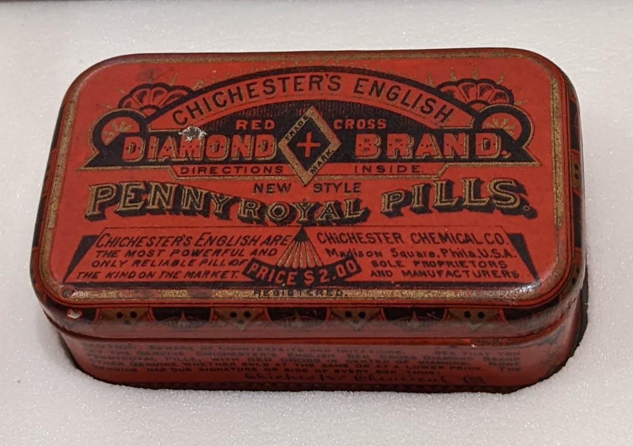 Original, red tin for Chichester's English Red Cross diamond brand new style pennyroyal pills, with hinged lid. 