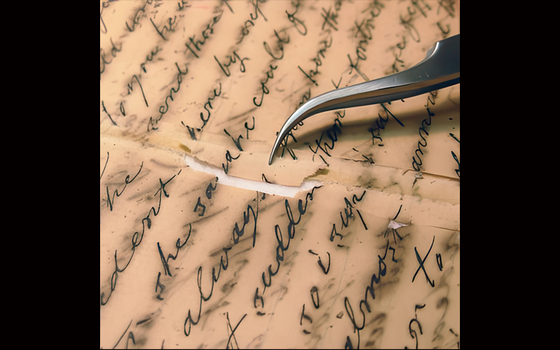 tweezers on a torn slip of manuscript paper 
