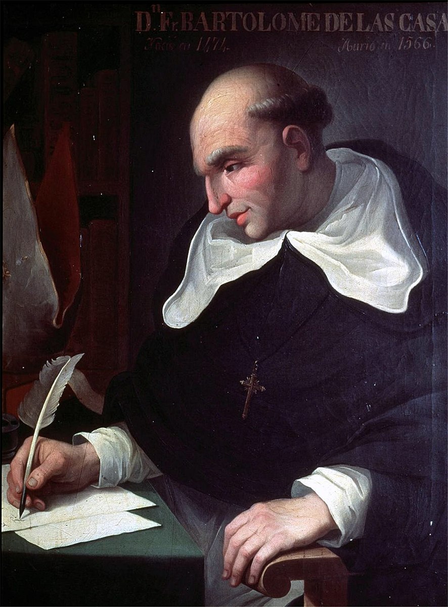 Painting of a man in black and white clerical clothing sitting at a desk, holding a quill and writing on sheets of paper.