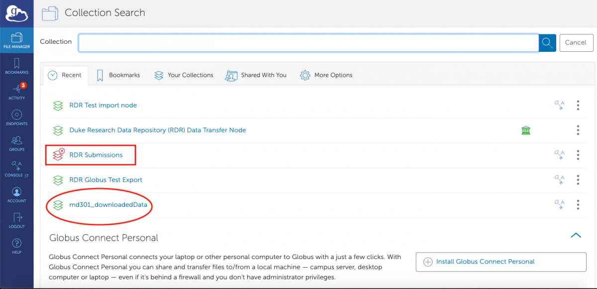 Globus select file destination screen