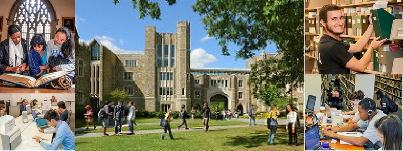 Collage of Perkins Bostock Library with people standing outside and students inside library