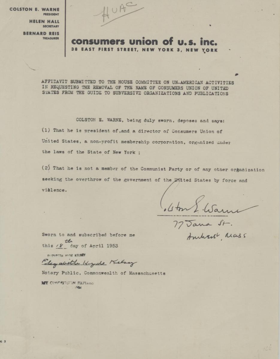 Sworn statement of co-founder of Consumers Union, Colson Warne, 18 April 1953