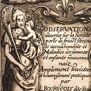 Title page of the first book on obstetrics to be published by a woman. Written by French midwife Louise Bourgeois, 1642.