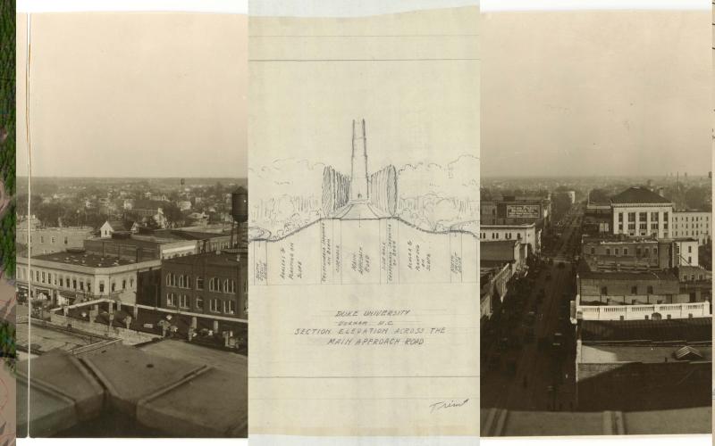 7 strips, each containing a portion of a larger image, a part of a building, part of a map, more buildings, part of an old drawing of duke, part of a photograph of a group of buildings, a street map, a part of a photo of a water tower., building map