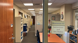 Entrance to the International and Area Studies office suite in Bostock Library